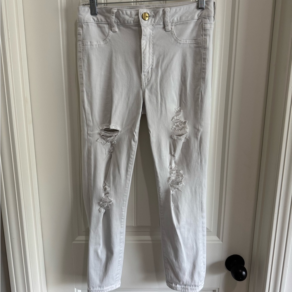 Distressed Cropped White Jeans